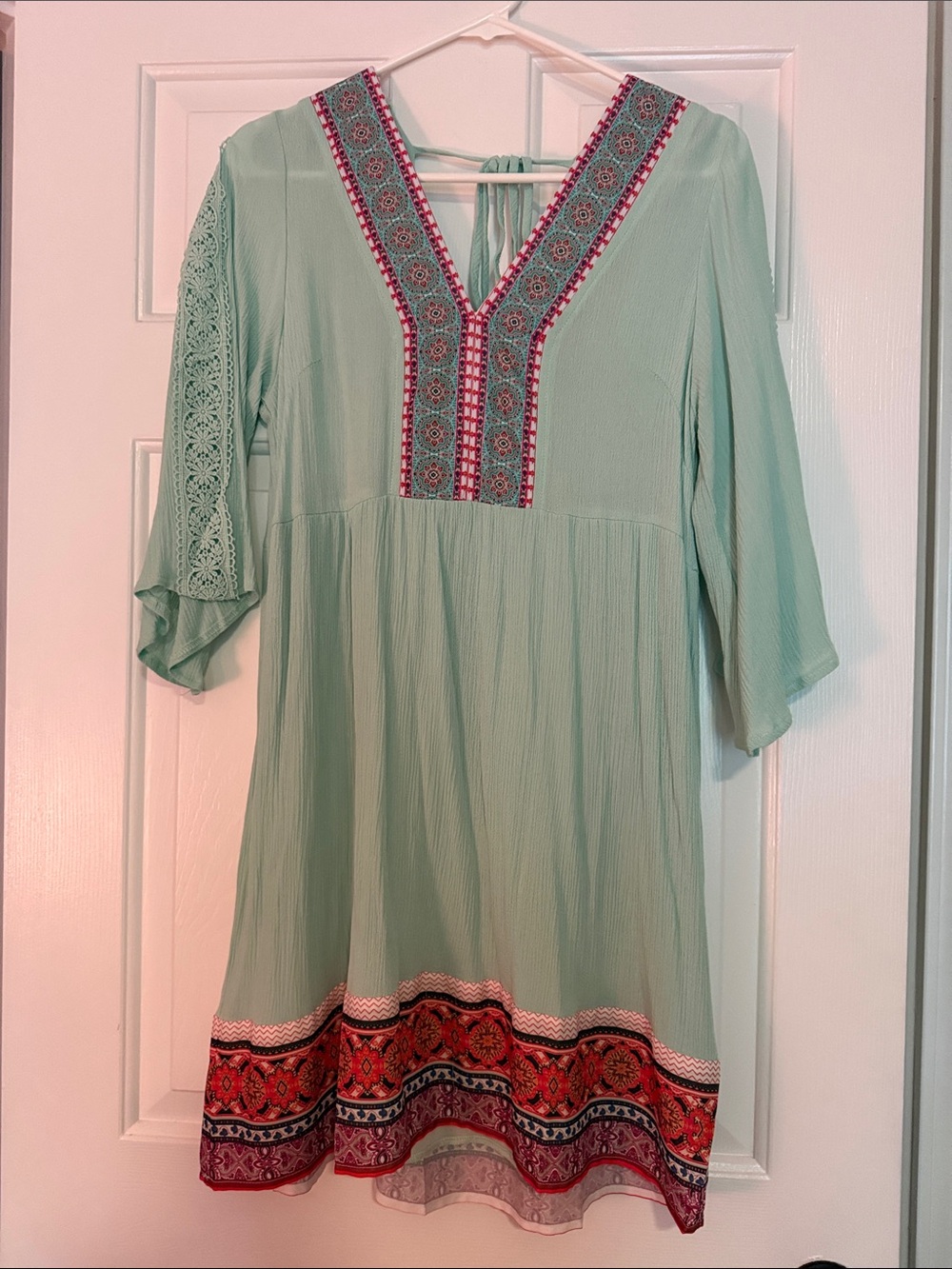White Mark Mint Green Embroidered Boho Mini Dress